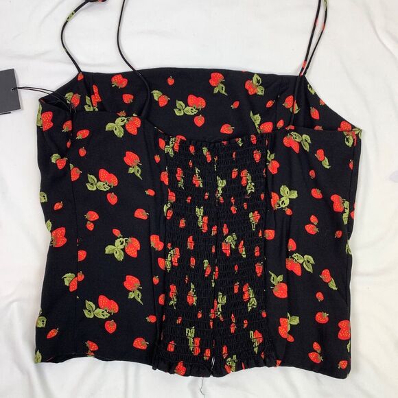 REFORMATION Lily Strawberry Square Neck Black 12 M L Strappy Tie Top Tank Print - Picture 7 of 8